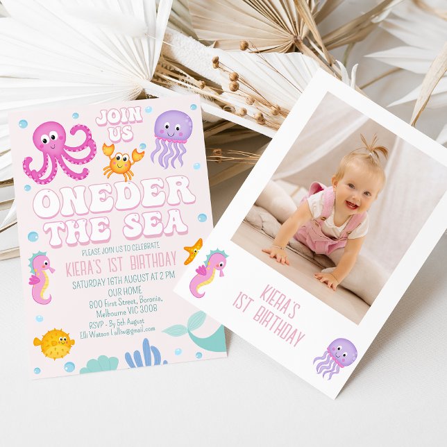 Foto Pink Girls Onethe Sea Erster Geburtstag Einladung (Oneder the Sea 1st Birthday Invitation Template Girl Photo Under the Sea 1st Birthday Invitation )