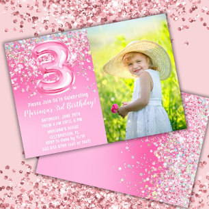 Foto Pink Glitter 3. Geburtstag Einladung