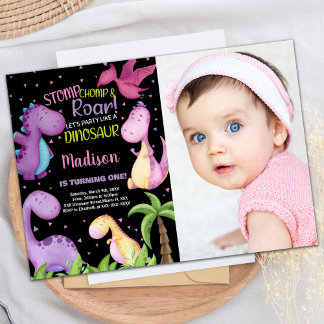 Foto Pink Lila Black Dinosaurier Geburtstag Einladung