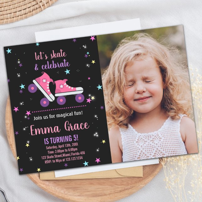 Foto Pink Lila Skaten Geburtstagseinladungen Einladung (Photo Pink Purple Skating Birthday Invitations)