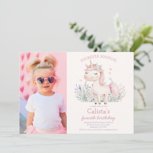 Foto Pink Pastell Einhorn Geburtstag Einladung (Stehend Vorderseite)