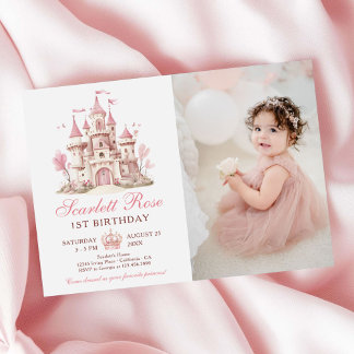 Foto Pink Princess Castle Floral zum 1. Geburtstag Einladung