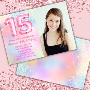 Foto Pink Regenbogen 15. Geburtstag Einladung