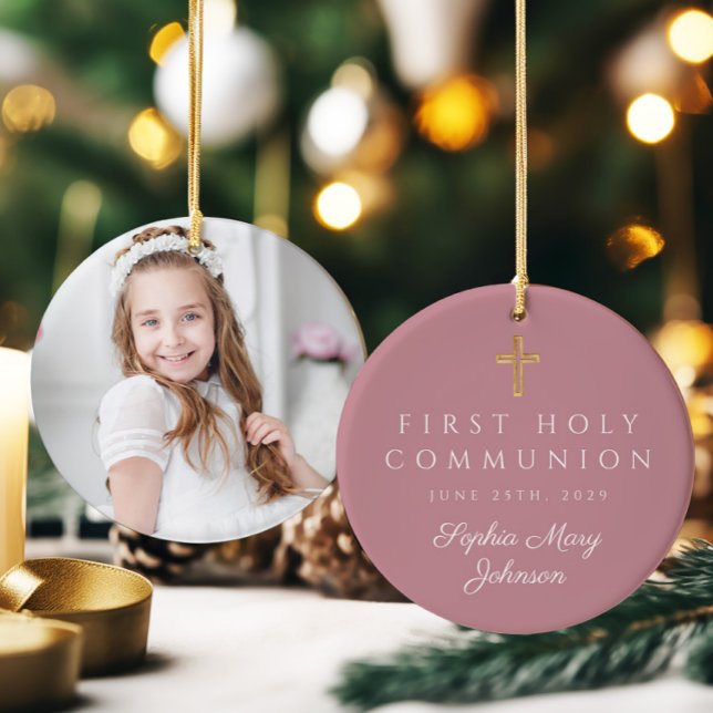 Foto Pink Religious Cross Girl Erste Kommune Keramik Ornament (Pink Religious Cross Girl First Communion Photo Ceramic Ornament)