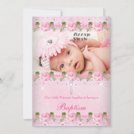 Foto Pink Rose Floral Taufe Baby Girl Einladung