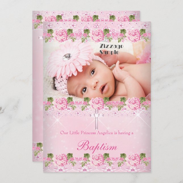Foto Pink Rose Floral Taufe Baby Girl Einladung (Vorne/Hinten)
