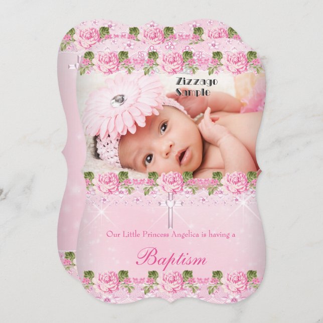 Foto Pink Rose Floral Taufe Baby Girl Einladung (Vorne/Hinten)