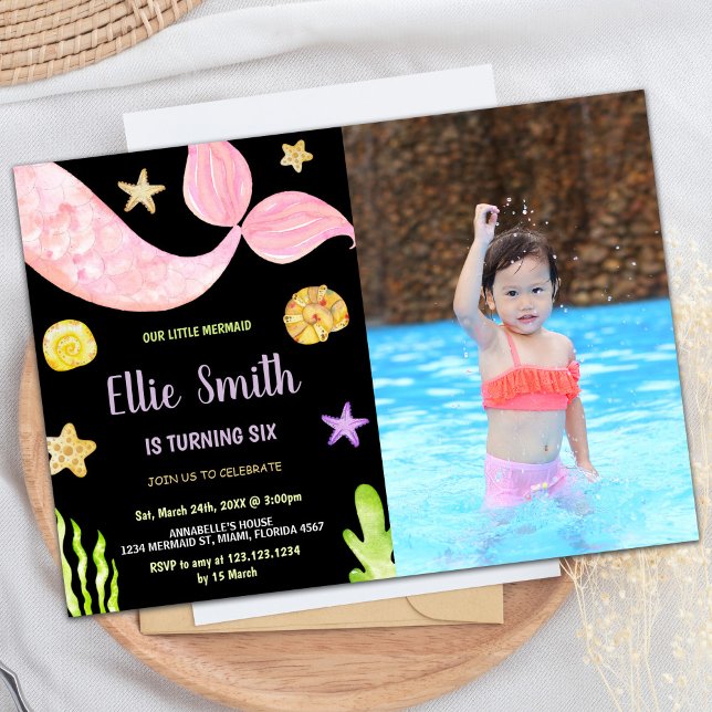 Foto Pink Schwanz Kleine Meerjungfrau Geburtstag Einladung (Photo Pink Tail Little Mermaid Birthday Invitation)
