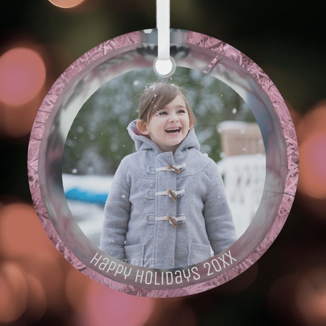 Foto Pink Silver Bauble Overlay Happy Holidays Ornament Aus Glas (Add your photo to this cute pink Christmas tree hanging ornament)