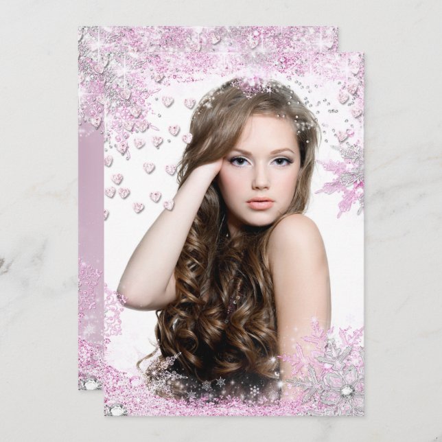 Foto Pink Sparkle Herz Birthday Einladung (Vorne/Hinten)