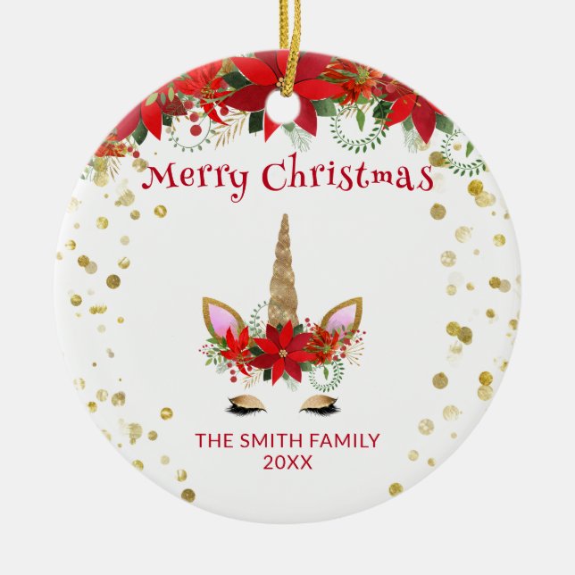 Foto Poinsettia Einhorn mit Weihnachten Keramik Ornament (Vorne)