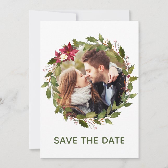 Foto Poinsettia Grüne Weihnachten Save the Date Einladung (Vorderseite)