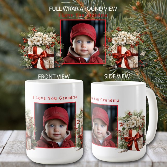 Foto präsentiert Satin Ribbon Pine Branches Kaffeetasse (Personalize with your favorite photo and text.)