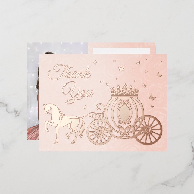 Foto Princess Carriage Rose Gold Foil Vielen Dank Folie Einladungspostkarte (Vorderseite/Rückseite)