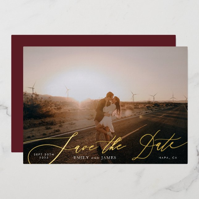 Foto QR Code Burgundy & Gold Fall Calligraphy Folieneinladung (Vorderseite/Rückseite)