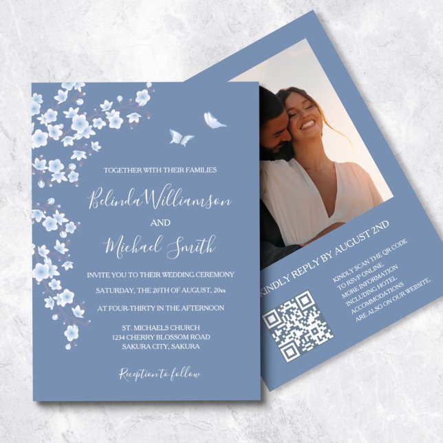 Foto QR Code Dusty Blue Cherry Blossom | Hochzeit Einladung (Von Creator hochgeladen)
