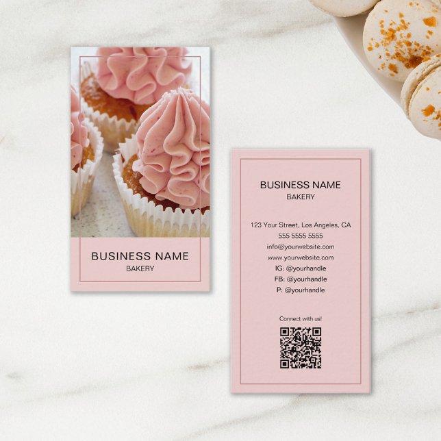 Foto QR-Code für Bäckereien rosa Visitenkarte (Bakery Custom Photo QR Code Pink Business Card)