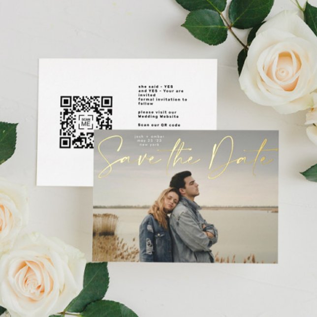 Foto QR Code Gold Foil Save the Date Karte (Von Creator hochgeladen)