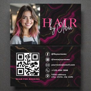 Foto QR Code Hair Stylist Black Hot Pink Agate Visitenkarte