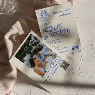 Foto-QR-Code Handgezeichnete blaue Kuchen-Schleife Einladung
