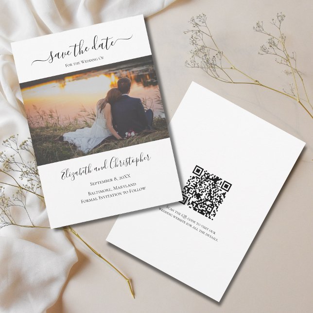 Foto-QR-Code Hochzeit Termin vormerken  (Photo QR Code Modern Calligraphy Trendy Wedding Save the Date. )