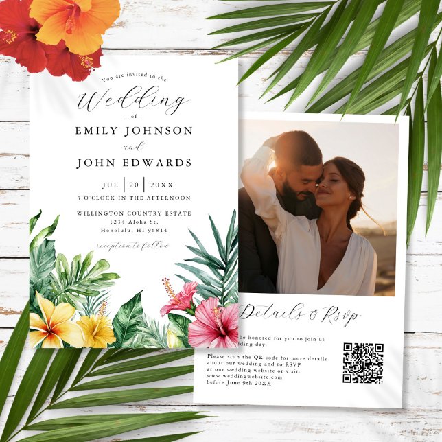Foto QR Code Hochzeit von tropischen Wasserfarben- Einladung (Watercolor Tropical Flowers Photo QR Code Wedding Invitation)