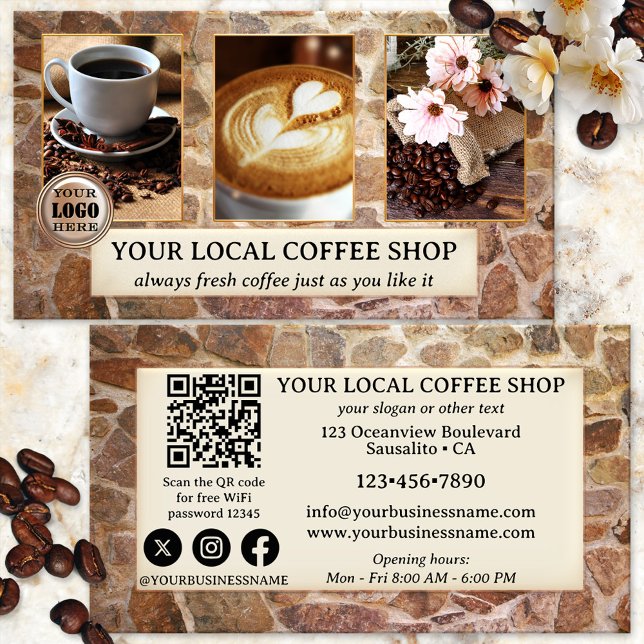 Foto QR-Code Kaffeeshop-Visitenkarte Visitenkarte (Business card for coffee shop owners, featuring your own photos on an industrial stone wall design)