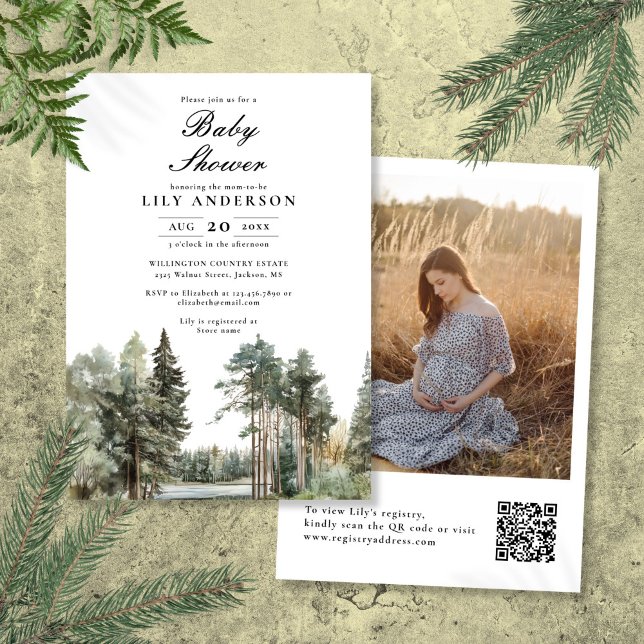 Foto QR Code Kinderdusche Wasserfarbe Lake Forest Einladung (Watercolor Lake Forest Photo QR Code Baby Shower Invitation)