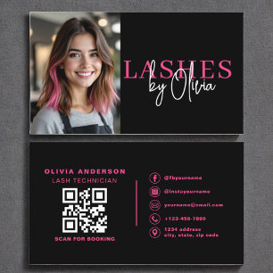 Foto QR Code Lashes Techniker Hot Pink Black Visitenkarte