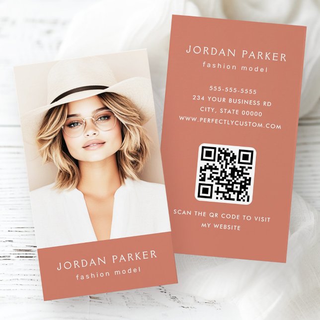 Foto-QR-Code Mode Terrakotta Visitenkarten (Photo QR code fashion terracotta business cards)