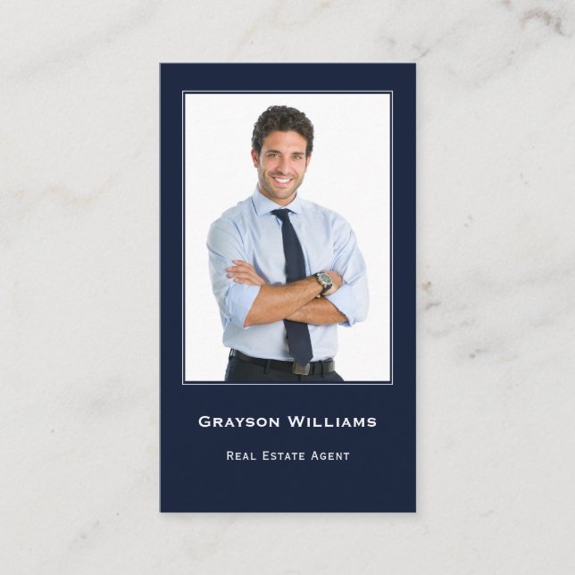 Foto QR Code Navy Blue Real Anwesen Business Card Visitenkarte (Vorderseite)