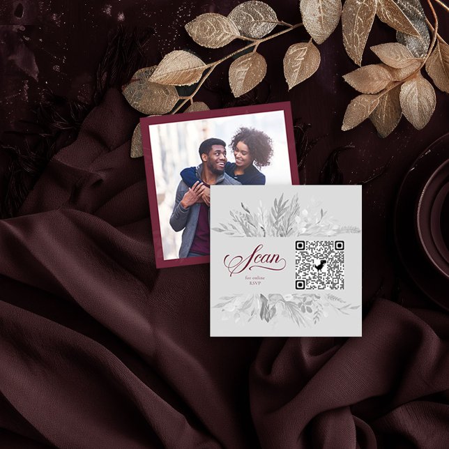 Foto QR Code Online UAWG Burgundy Gray Botanisch Begleitkarte (Photo QR Code Insert Card in Burgundy and Grey from the Foliage Duet Collection by Darling & May)