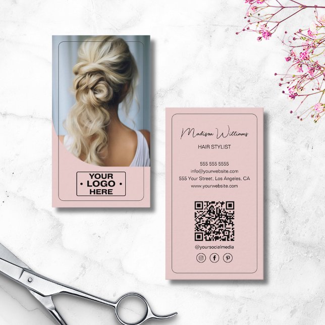 Foto QR-Code Rosa Visitenkarte (Hair Stylist Salon Logo Photo QR Code Pink Business Card)