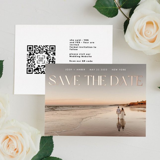 Foto QR Code Rose Gold Foil Save the Date Card Folieneinladung (Von Creator hochgeladen)