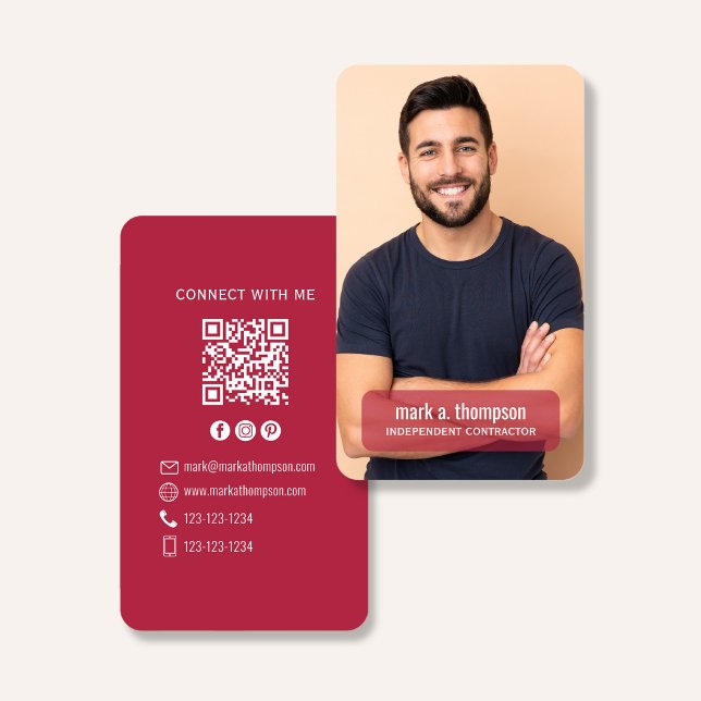 Foto-QR-Code Verbinde Dich Mit Mir Burgunder Moder Visitenkarte (Elegant burgundy QR code contact design with photo and clean modern layout)