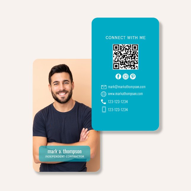 Foto-QR-Code Verbinde Dich Mit Mir Teal Modern Visitenkarte (Modern teal QR code contact design with photo and clean professional layout)