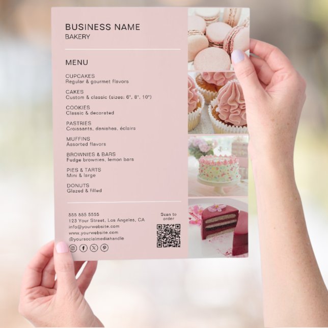 Foto QR Social Media Icons Menü für benutzerdefini (Pink Bakery Menu with Photos & QR Code Flyer)