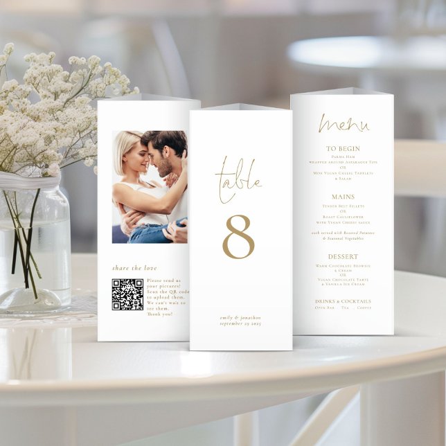 Foto QR Trifold Gold Wedding Menu Tischnummer (View of each side when folded)