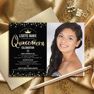 Foto Quinceañera Black Gold Glitzer Giro Tiara Einladung