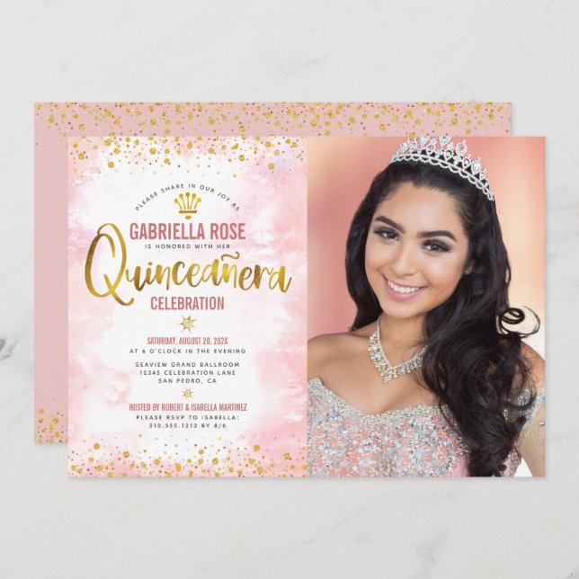 Foto Quinceañera Blush Pink Gold Glitzer Tiara Einladung (Vorne/Hinten)