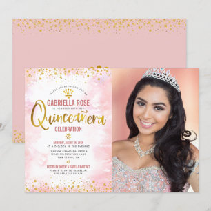 Foto Quinceañera Blush Pink Gold Glitzer Tiara Einladung