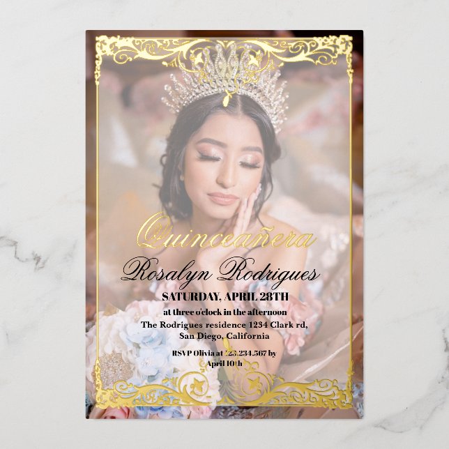 Foto Quinceañera Bohemisches Gold Folieneinladung (Vorderseite)