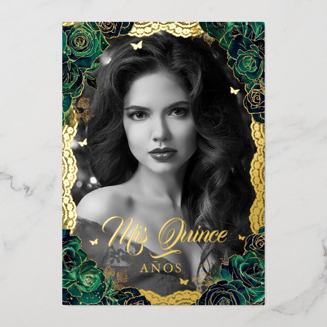 Foto Quinceanera Emerald Rose Gold Lace Folieneinladung (Vorderseite)