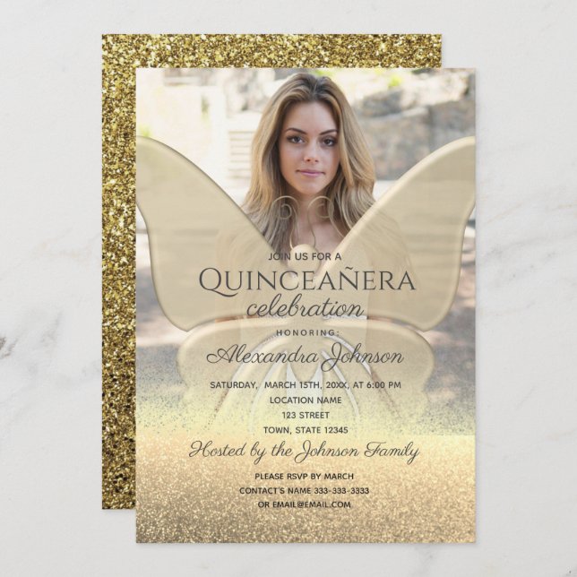Foto Quinceanera Glitzer Gold Butterfly Einladung (Vorne/Hinten)