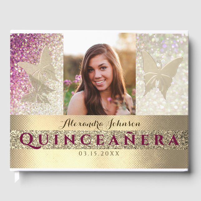 Foto Quinceanera Glitzer Pink Gästebuch (Vorderseite)