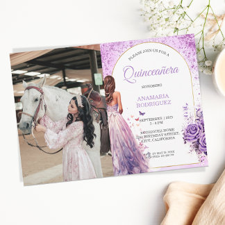Foto Quinceañera Lila Kleid Flora Schmetterlinge Einladung