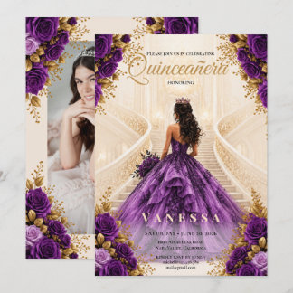 Foto Quinceanera Lila und Goldene Einladung