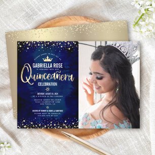 Foto Quinceañera Navy Gold Glitter Prinzessinnenkr Einladung