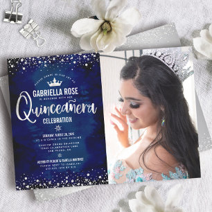 Foto Quinceañera Navy Silber Glitter Schrift Krone Einladung