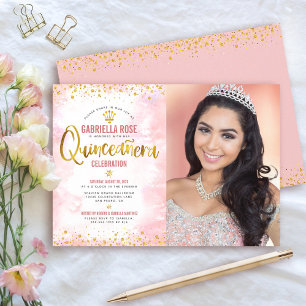 Foto Quinceañera Rosa Hauchgold Glitter-Tiara Einladung